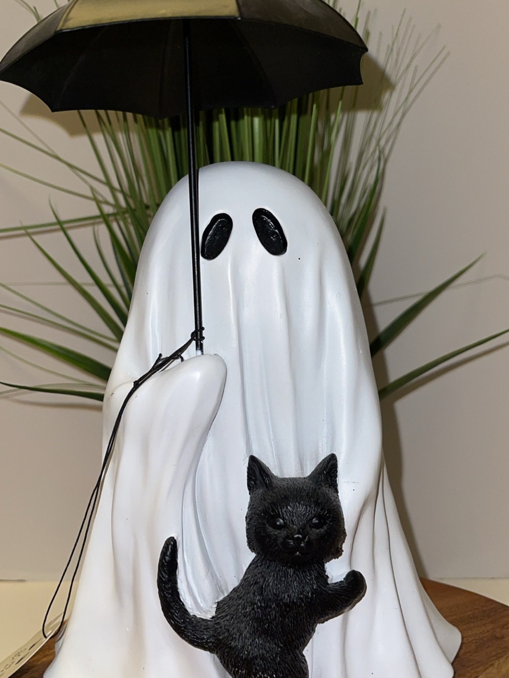 White Ghost Figurine with Black Cat and Umbrella - Halloween Tabletop Decor